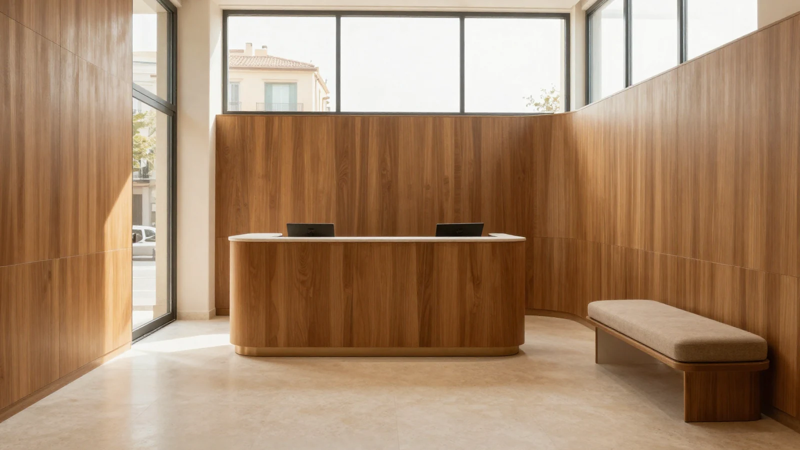Fotografía editorial de una recepción de clínica premium en Barcelona con madera cálida y travertino, sin rótulos ni monumentos reconocibles.