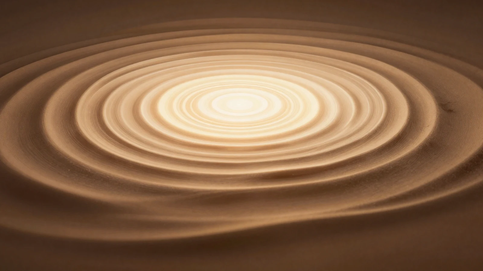 Fotografía abstracta de anillos de luz cálidos ondulando sobre una superficie escultural, metáfora de las tecnologías de energía corporal.