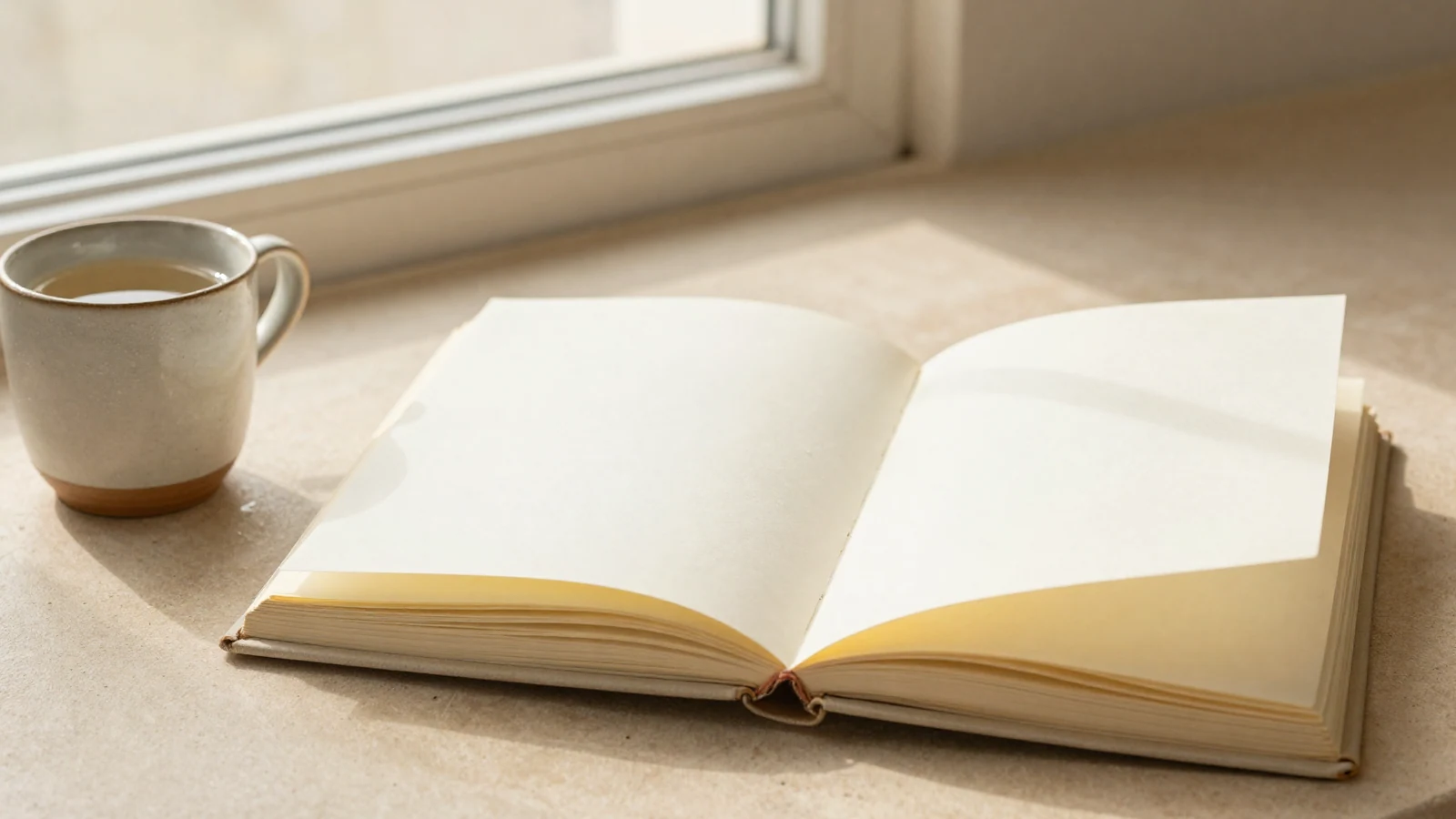 Fotografía editorial de un cuaderno abierto en blanco junto a una taza de cerámica, ambiente de preguntas frecuentes.