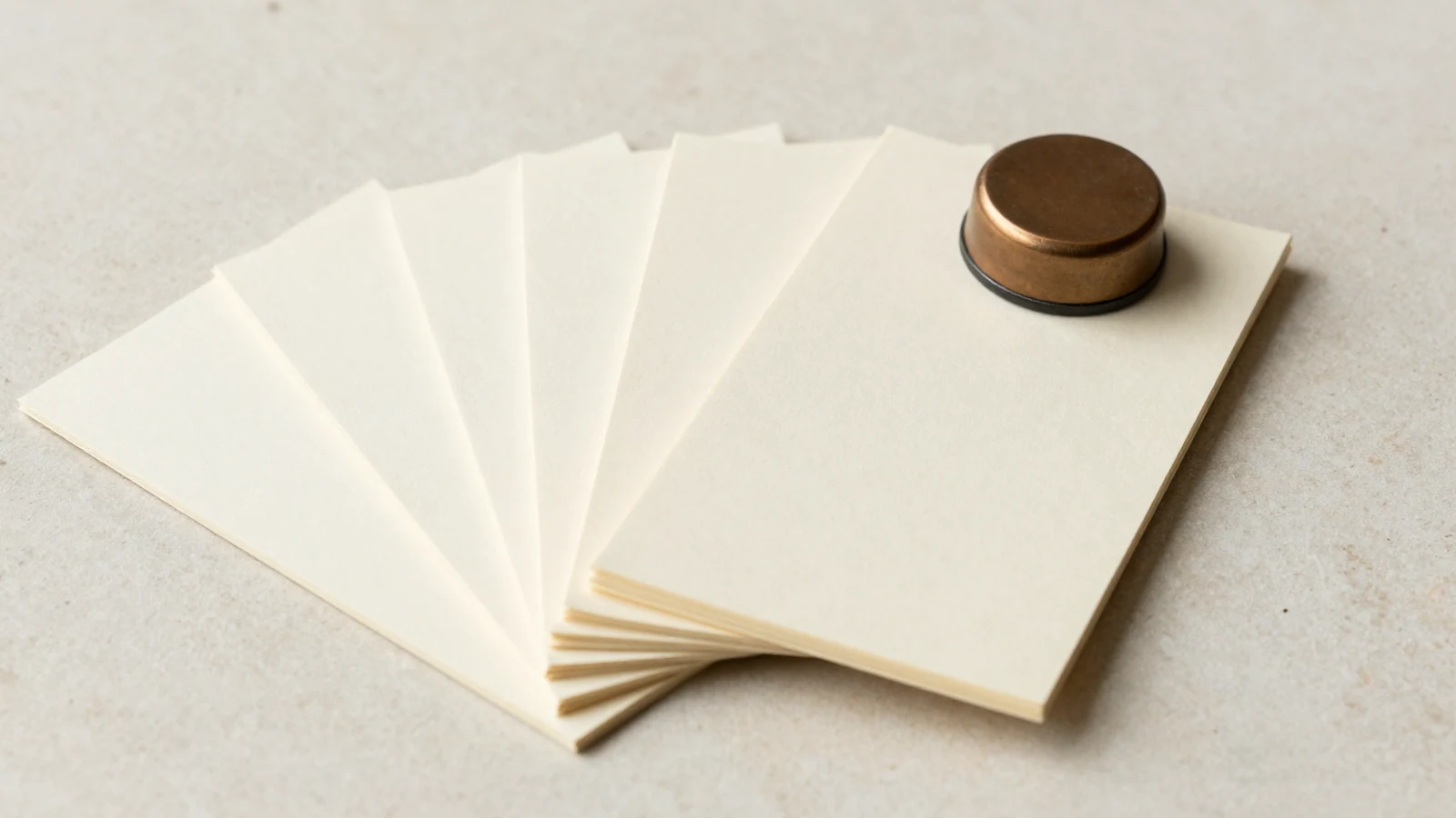 Bodegón editorial de tarjetas en blanco abanicadas sobre travertino con un pisapapeles de bronce, ambiente de glosario de términos.